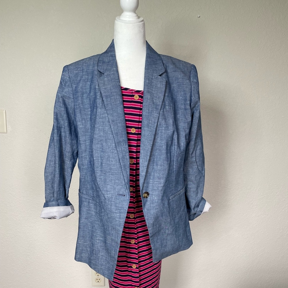 LOFT Chambray Denim One Button Blazer Jacket Blue, Size 16P